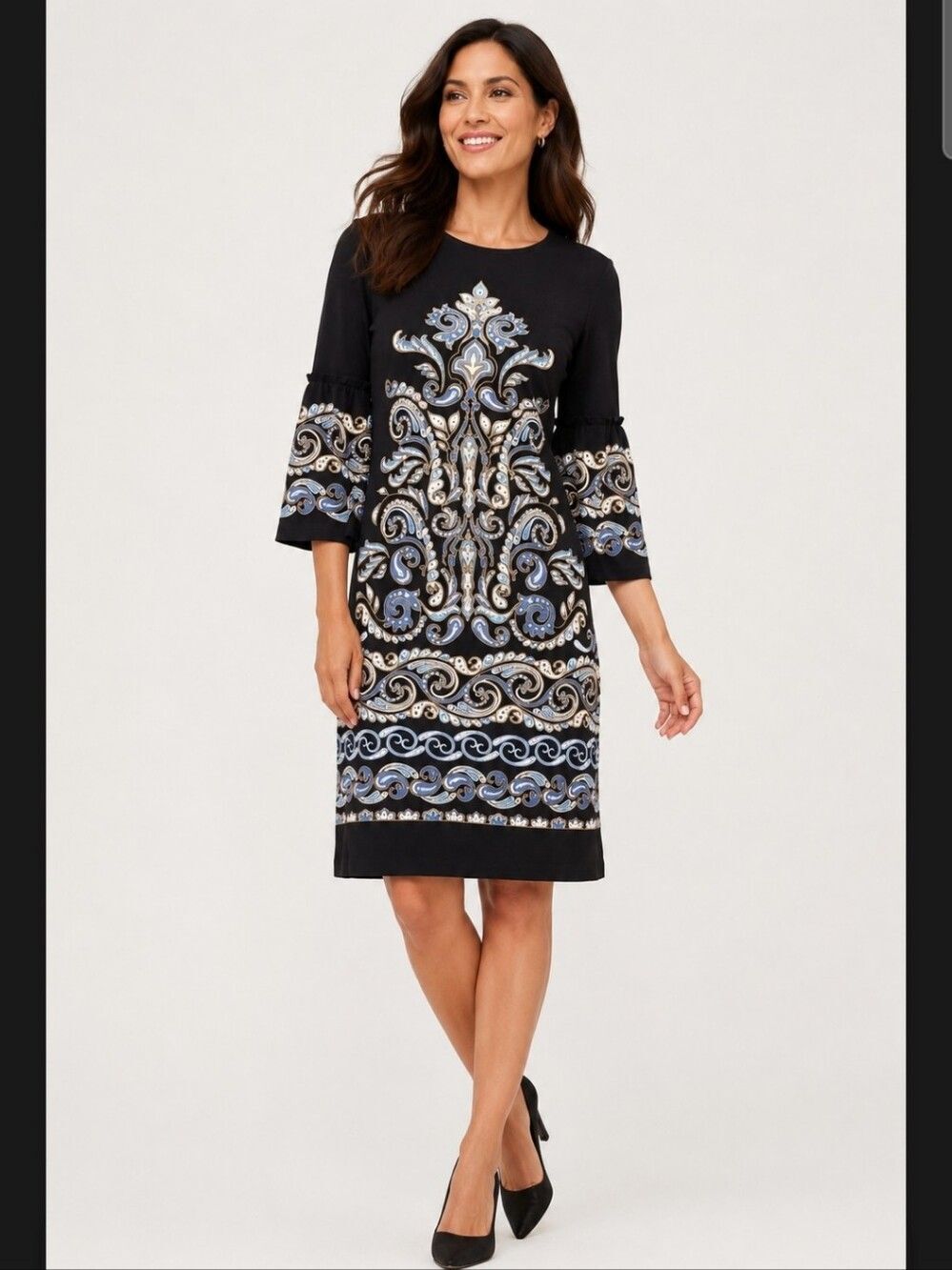 J. McLaughlin Printed Knee Length Bell Sleeve Dress Size XS